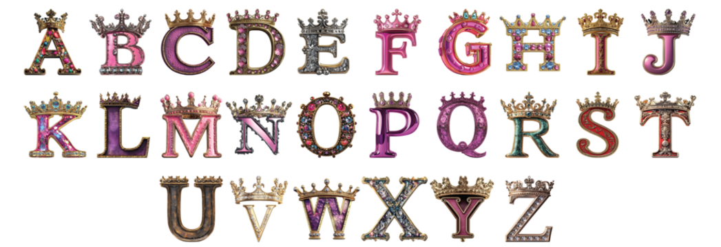 Pack A to Z with Crown Style set Against a Transparent Background for Royal Designs, Luxury Branding, or Regal Typography Applications