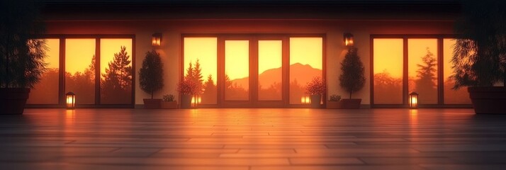 Fototapeta premium Warm sunset hues illuminate a modern home's patio, creating a serene and inviting atmosphere.