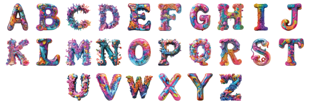 Pack A to Z in Fantasy Cartoon Style set Against a Transparent Background for Whimsical Designs, Playful Branding, or Imaginative Typography Applications
