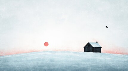 Obraz premium Snowy landscape, lone cabin, setting sun, single bird.