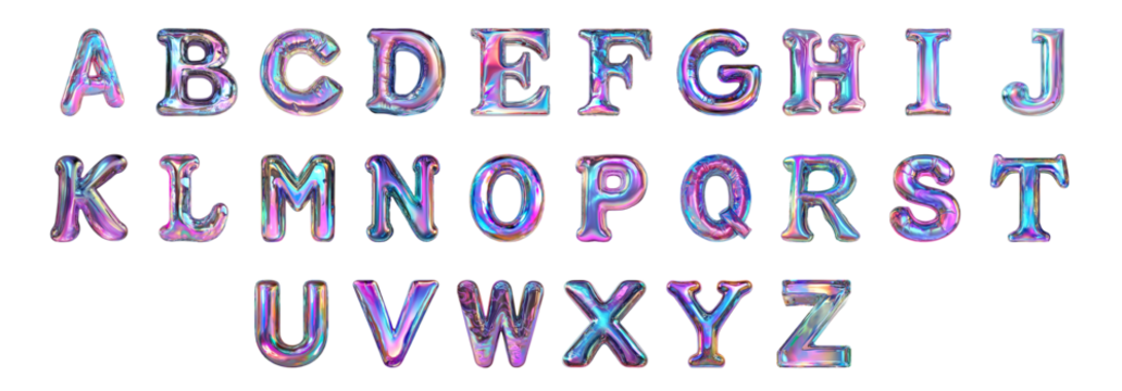 Pack A to Z in Iridescent Dream Style set Against a Transparent Background for Dreamy Designs, Elegant Branding, or Magical Typography Applications