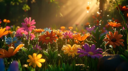 Obraz premium Colorful Flowers Bathed in Golden Sunlight in a Lush Forest Clearing