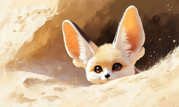 A cute fennec fox peeks out of the sand, its large ears standing out in the warm desert environment