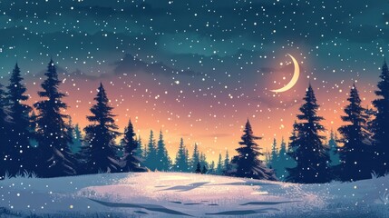 Fototapeta premium Snowy winter night landscape with crescent moon and pine trees.
