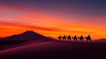 Fototapeta premium Silhouetted camel caravan traversing a desert landscape at sunset, fiery orange sky above.