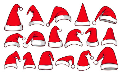 Santa Claus red hat collection. Winter Christmas elements for decoration, stickers, design. Outlined colorful Santa caps isolated on white