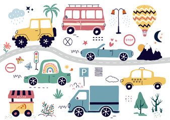 Fototapeta premium a fashionable drawing of cars. A transport set for children. A template with of toy cars, road signs, tree. for print, paper, banners. art vector illustration.