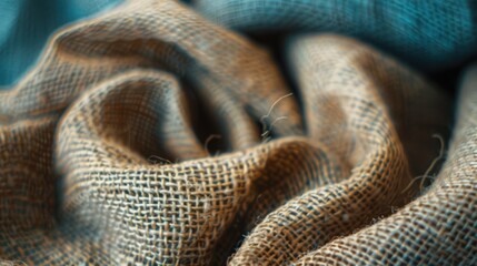 Close-up of textured burlap fabric with brown and teal tones, showing wrinkles and weaves.