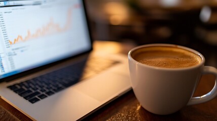 A laptop displaying data trends beside a steaming cup of coffee on a wooden table.