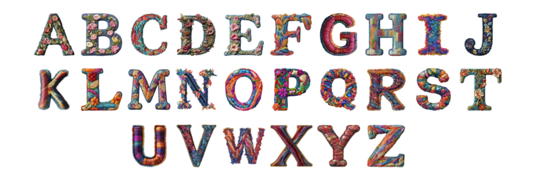 Pack A to Z in Embroidery Style set Against a Transparent Background for Crafty Designs, Vintage Branding, or Textured Typography Applications