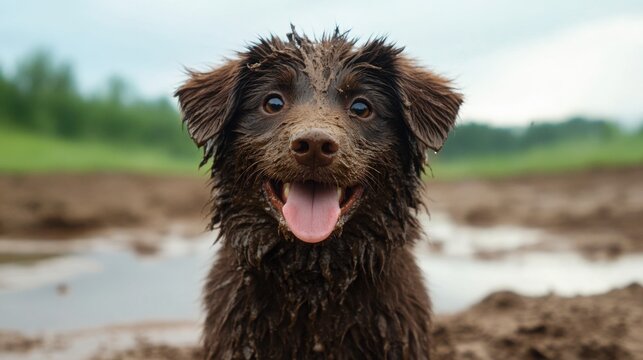 a fluffy sheepdog with its tongue sticking out, giving a lopsided grin while covered in mud