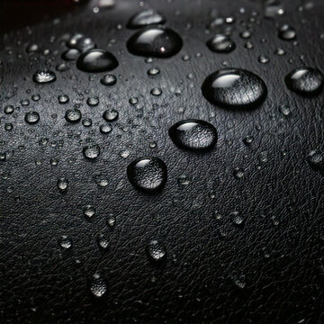 A close-up of water droplets on a reflective black lether surface, with sharp reflections and bright light accents