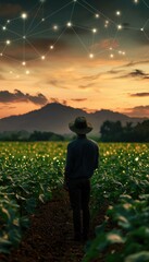 Fototapeta premium AI-Driven Crop Health Monitoring in Lush Fields with Mountain Backdrop at Sunset