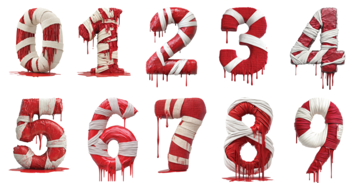 Pack 0 to 9 Numbers Wrapped in Linen Bandages Dripping with Red Accents set Against a Transparent Background for Spooky Halloween Designs or Gothic Typography Themes