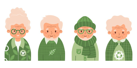Elderly people and Eco friendly clothing. Adult men and women in fashionable warm knitted clothes from recycling textile. Sustainable fashion and ecology lifestyle. Vector Isolated pensioner on white