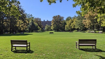 Fototapeta premium Serene Public Park Oasis, expansive green lawns, scattered trees, inviting benches, perfect for relaxation, enjoying nature, sunny day ambiance, peaceful retreat for all visitors