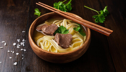 A wooden bowl of Asian noodle soup with sliced beef and fresh herbs is served with chopsticks on a dark wooden surface.