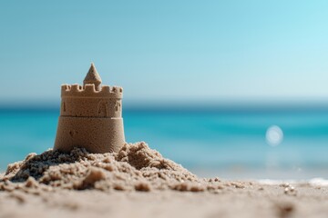 A sand castle is built on the beach
