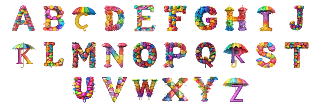 Pack Alphabets A to Z in Colorful Umbrella Style set Against a Transparent Background for Fun Designs, Playful Branding, or Summer-Themed Typography Applications