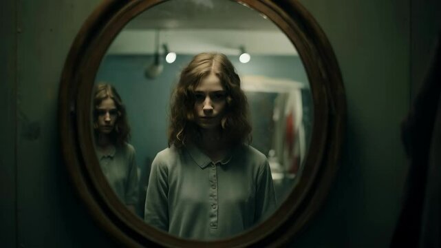 Eerie reflection in oval mirror shows woman in dimly lit room. Horror movie scene with creepy atmosphere. Supernatural thriller concept for film poster or book cover with copy space.