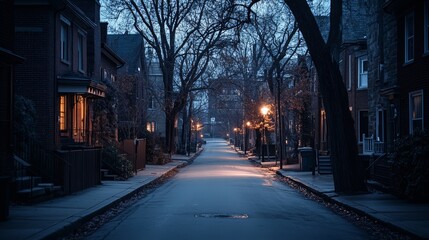 Obraz premium Dark, empty street; dimly lit houses, winter night.