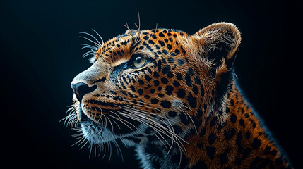 Obraz premium A striking close-up of a leopard's head showcasing its distinctive spots and intense gaze against a dark background.