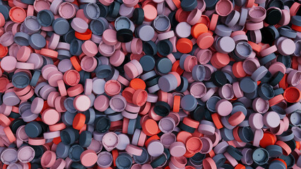 Top view on a pile of colorful plastic bottle caps. Plastic industry product. Garbage reuse. 3d render illustration