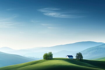 Naklejka premium A small house sits on a hillside in a grassy field