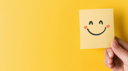 Obraz premium hand holding a yellow sticky note with a smiling face drawn on it.