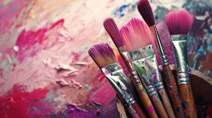 Obraz premium Paintbrushes, colorful, paint-splattered, artistic tools.