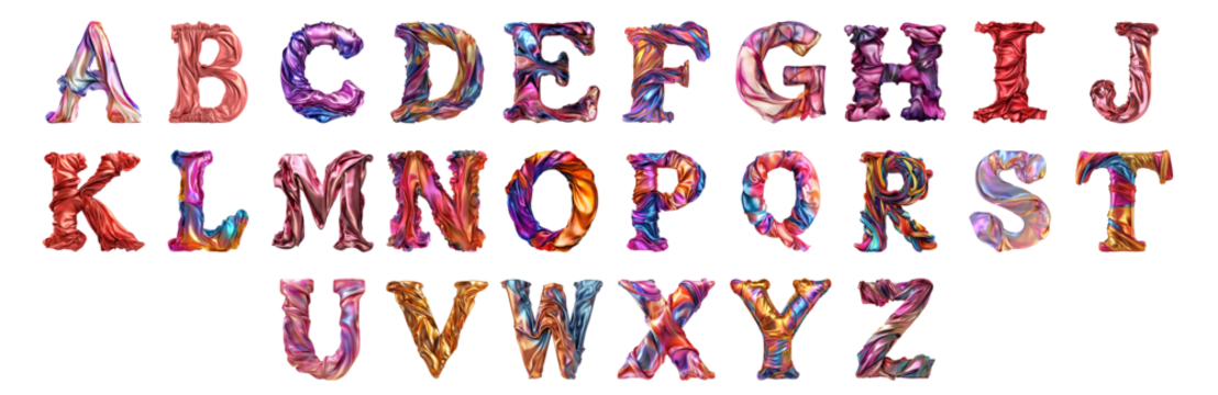 Pack Alphabets A to Z in Silk Style set Against a Transparent Background for Elegant Designs, Luxurious Branding, or Sophisticated Typography Applications