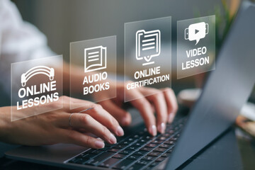 Laptop with Online Training and E-Learning Interface for E-Learning and Online Training Concept.,Virtual Classrooms, Remote Education, and Internet Learning Solutions.