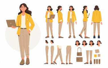Business woman character constructor for animation. Front, side and back view set. Body parts, postures, poses collection. Vector illustration.