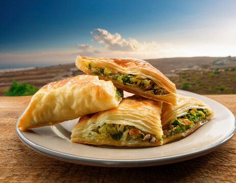 Golden, flaky pastries filled with vibrant vegetables are served on a white plate against a scenic rural backdrop