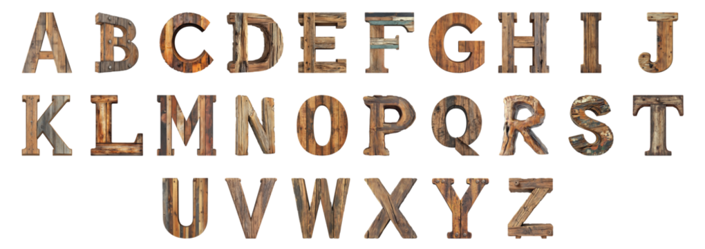 Pack Alphabets A to Z in Rustic Wood Style set Against a Transparent Background for Nature-Inspired Designs, Vintage Branding, or Earthy Typography Applications