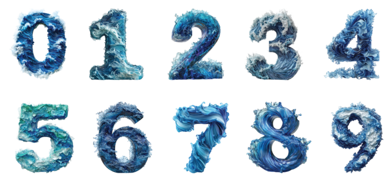 Pack number 0 to 9 in Ocean Wave Style set Against a Transparent Background for Coastal Designs, Summer Branding, or Nature-Themed Typography Applications