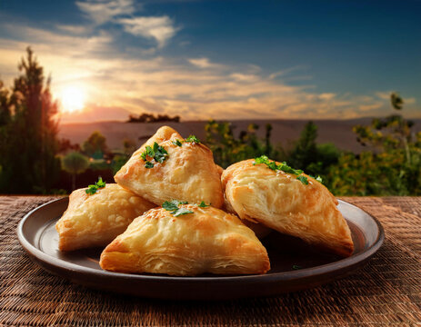 Golden, flaky pastries filled with vibrant vegetables are served on a white plate against a scenic rural backdrop