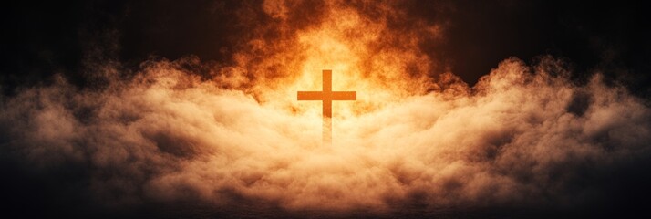 Fototapeta premium Fiery Cross in Smoky Heaven. A dramatic image depicting a cross silhouetted against a fiery, smoky backdrop.
