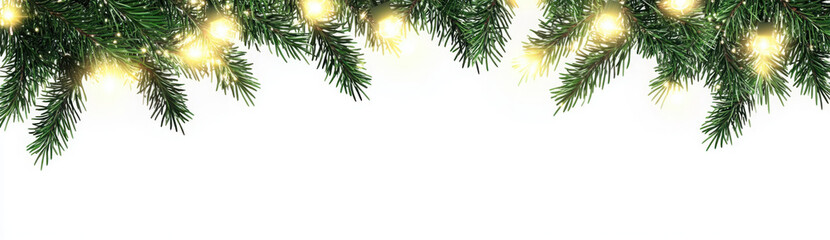 Seamless decorative christmas border with coniferous branches and garlands of christmas lights on transparent background