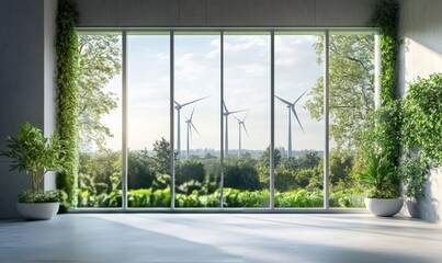 A modern, eco-friendly interior features large windows with wind turbines visible outside, complemented by greenery in pots, promoting sustainability and fresh air