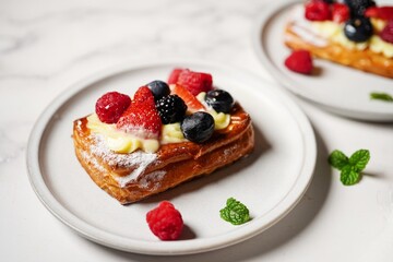 Fruit berry tarts with fresh berries on top, selective focus