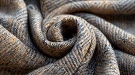 Fototapeta premium Close-up of textured, gray and beige herringbone fabric swirled.