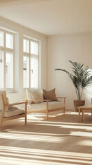 Minimalist living room with light wood furniture, neutral tones, and plenty of open space to keep the area uncluttered