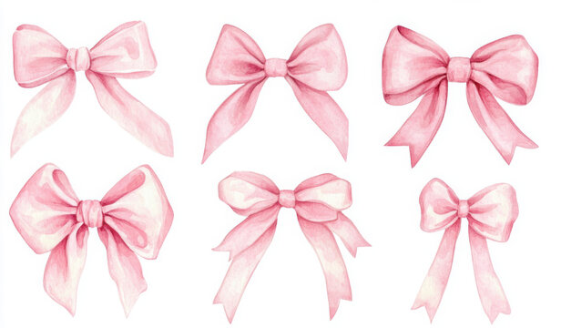 Coquette pink ribbon bow watercolor set isolated on white background. A delicate and charming hand drawn vector illustration. Perfect for greeting cards, printing and other design projects.