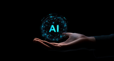 Hand holding a glowing AI symbol in a dark setting with digital connections and a futuristic feel