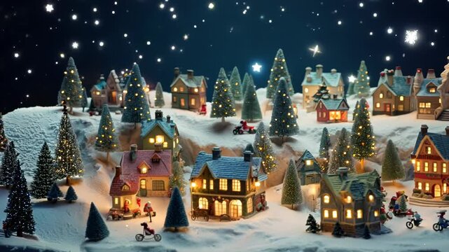 Miniature Street at Christmas. X-mas in the tiny model of old town. Toy city with houses and trees