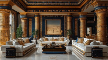 Naklejka premium Here's a and keyword list for your image.. Luxurious Egyptian-themed living room with gold and blue accents, featuring a large sectional sofa, coffee table, and decorative pillars.