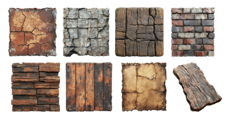 Pack Rustic grunge texture set against transparent background for vintage themes, artistic backgrounds, or distressed visual elements