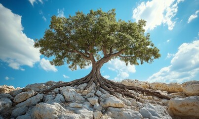 A solitary, ancient tree with thick roots firmly embedded in rocky terrain, its branches spreading wide under a bright, cloudless sky