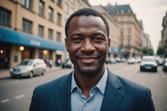 Close portrait of a smiling 40s Central African businessman looking at the camera, Central African big city outdoors blurred background